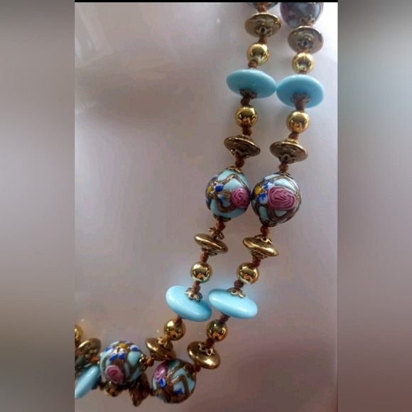 Wedding Cake Robin Egg Blue Glass Beaded Gold Tone Vtg 28" GORGEOUS Necklace - Picture 3 of 15